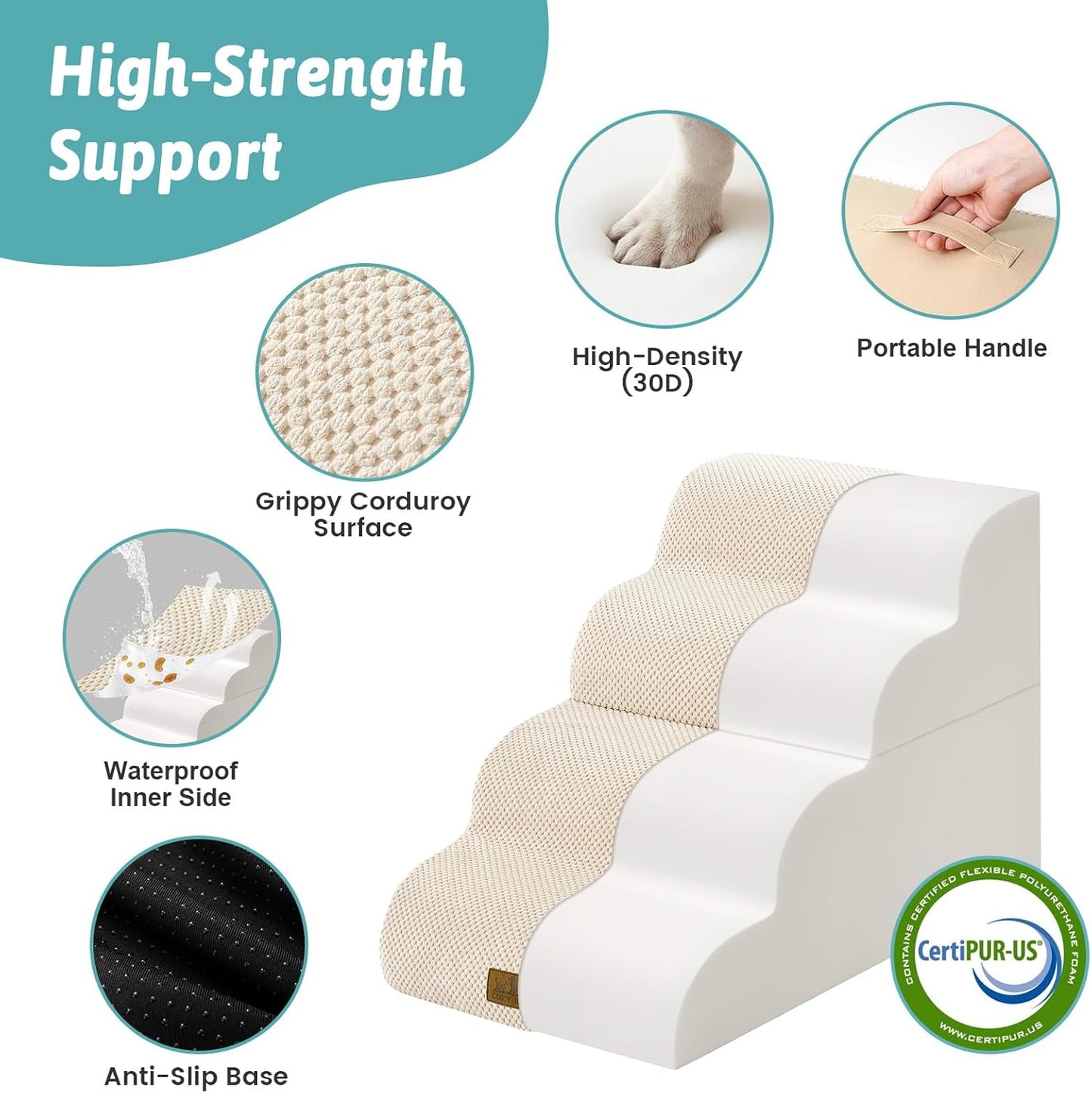 COZY KISS Extra Wide Dog Stairs with Tunnel, Foam Detachable Large Dog Step for Small Pet, Puppy or Cats, Medium Pet Ramp for High Bed, Couch, Sofa or Car, 19.7x33x22.4 inch, 5 Step, Beige