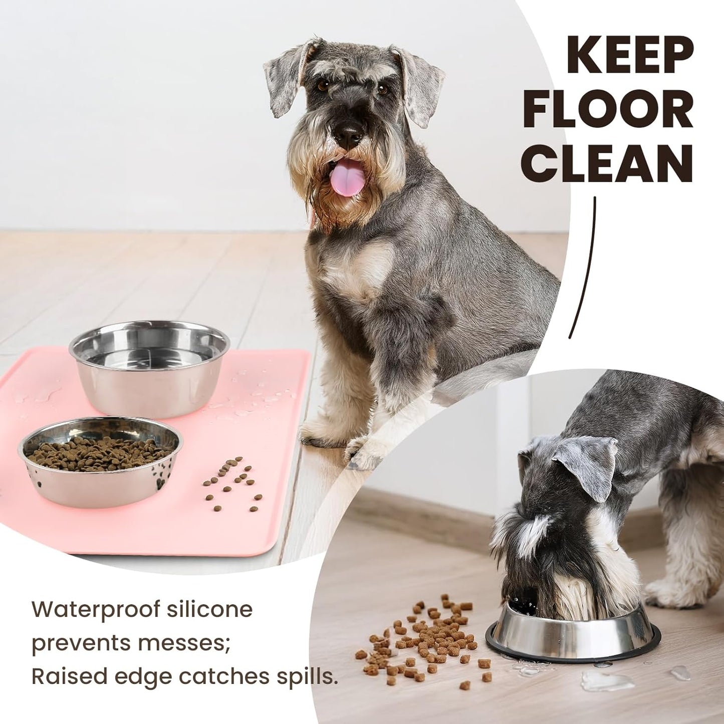 VIVAGLORY Dog Food Mat Flexmat Dog Bowl Mat, Placemat Food Tray with Raised Edges & Lip for Indoor Floor, Non Slip Waterproof Silicone Dish Placemat for Cat & Pet, S, Grey