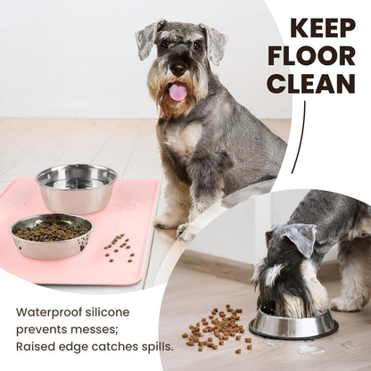 VIVAGLORY Dog Food Mat Flexmat Dog Bowl Mat, Placemat Food Tray with Raised Edges & Lip for Indoor Floor, Non Slip Waterproof Silicone Dish Placemat for Cat & Pet, S, Grey