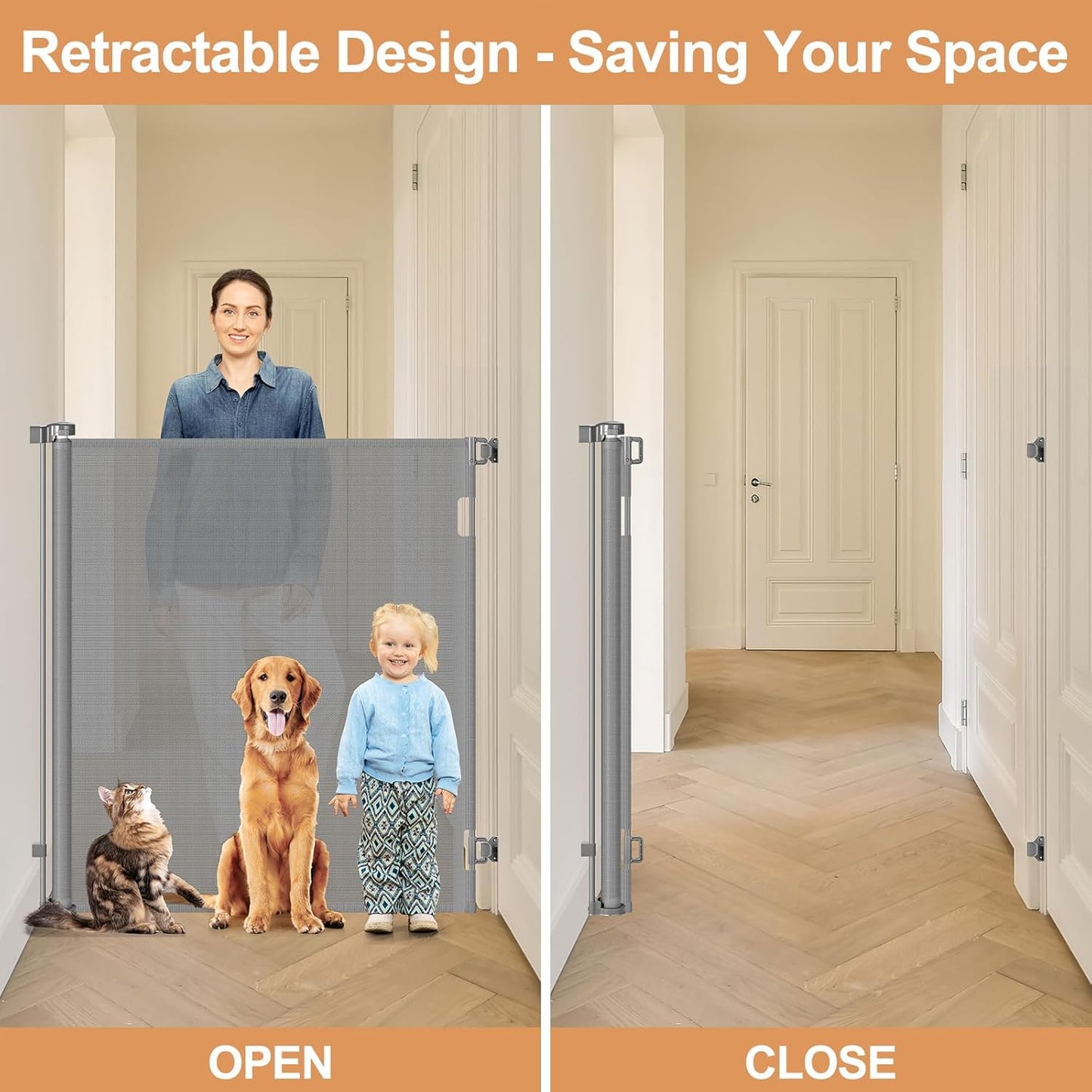 48" Extra Tall Retractable Dog Gate Indoor Prevent Your Baby/Dog/Cat from Jumping Over 55" Wide Extra Tall Retractable Baby Gate for Doorway Mesh Gates for Kids or Pets Puppy Gates for the House, Gray