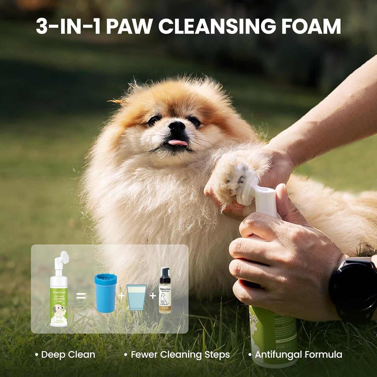PawSono Paw Cleaner for Dogs & Cats, No-Rinse Foaming Pet Foot Washer with Built-in Scrubber Brush for Dirty, Muddy Paws – Suitable for Small, Medium & Large Dogs, Puppies, Kittens (5 fl oz)