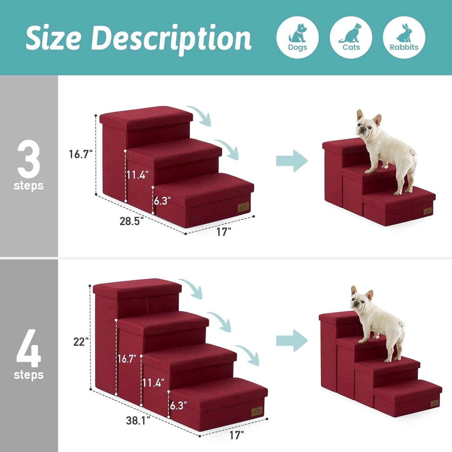 Dog Stairs with Storage, 4-Step Wider Sturdy Dog Steps for Small/Medium/Large Dogs and Older Cats, Folding Doggie Ramp for Bed/Couch/Car Hold Up to 180 lbs (22" H, Brown)