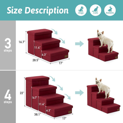 Dog Stairs with Storage, 4-Step Wider Sturdy Dog Steps for Small/Medium/Large Dogs and Older Cats, Folding Doggie Ramp for Bed/Couch/Car Hold Up to 180 lbs (22" H, Brown)