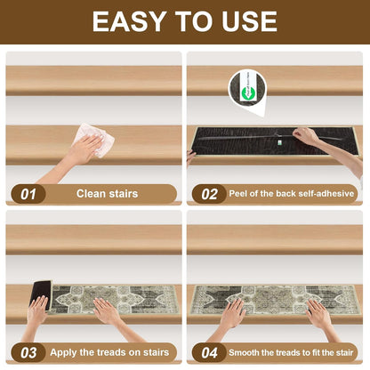 Non Slip Stair Treads for Wooden Steps Indoor, Dark Grey, 15pcs, 30"X8", Soft Carpet Mat, Machine Washable Boho Carpet Treads with Reusable Adhesive Backing, Safety Stair Tread for Dogs, Kids, Elders