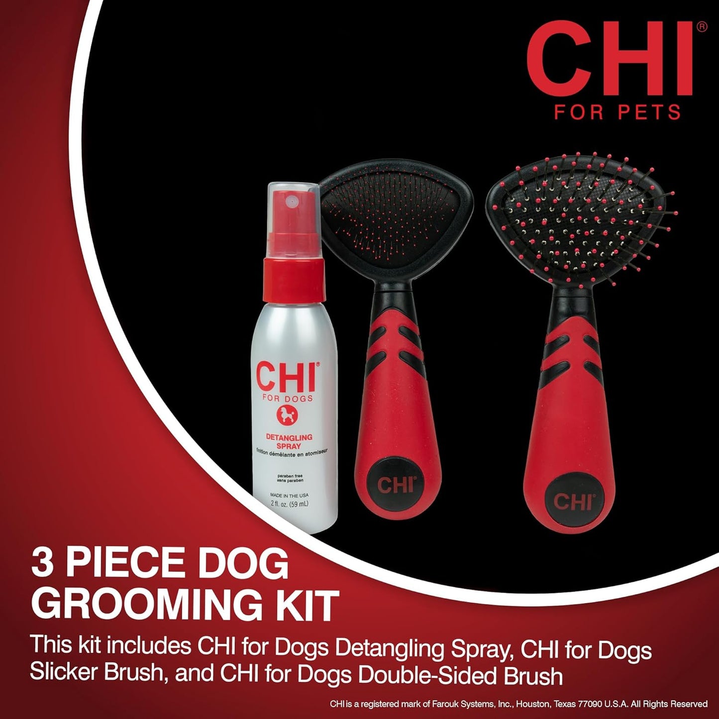 CHI for Dogs Small Dog Detangling Kit, 3-Piece Grooming Set with Detangling Spray, Slicker Brush, and Double-Sided Pin-and-Bristle Brush for Small Breeds with Tangles and Mats, Includes Zipper Pouch