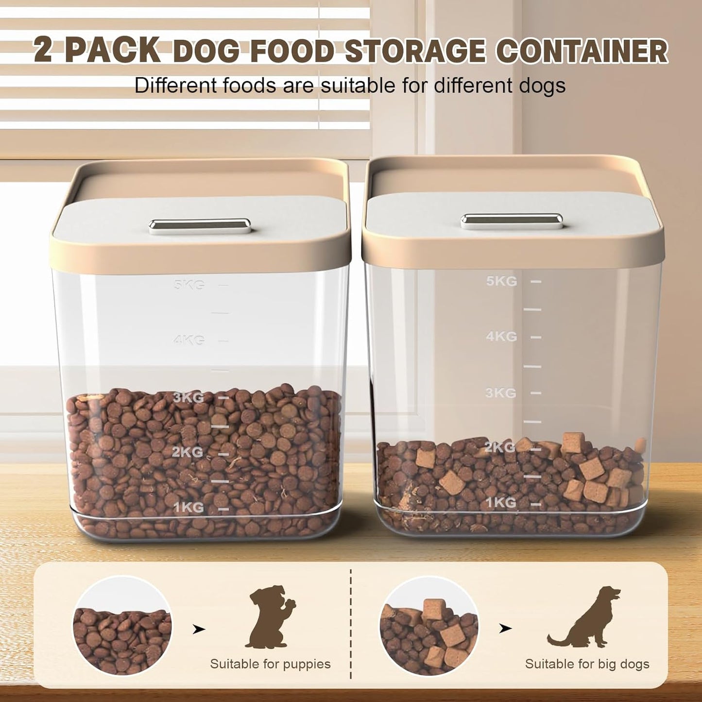 2 Pack Dog Food Storage Container, Pet Food Storage Containers for Dog Cat Bird, Holds 11LB Each, Clear BPA-Free Bin with Locking Lid, Includes 2 Measuring Cups, Keep Fresh Moisture Proof