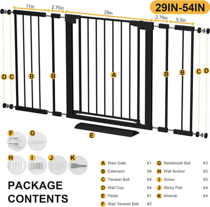 29-42 inches Metal Baby Gate for Stairs/Doorways, 30 inches Tall Pressure Mounted Pet Gates, Auto-Close Child Safety Gate, No Drilling Easy Walk-Through Dog Gate Indoor, Black