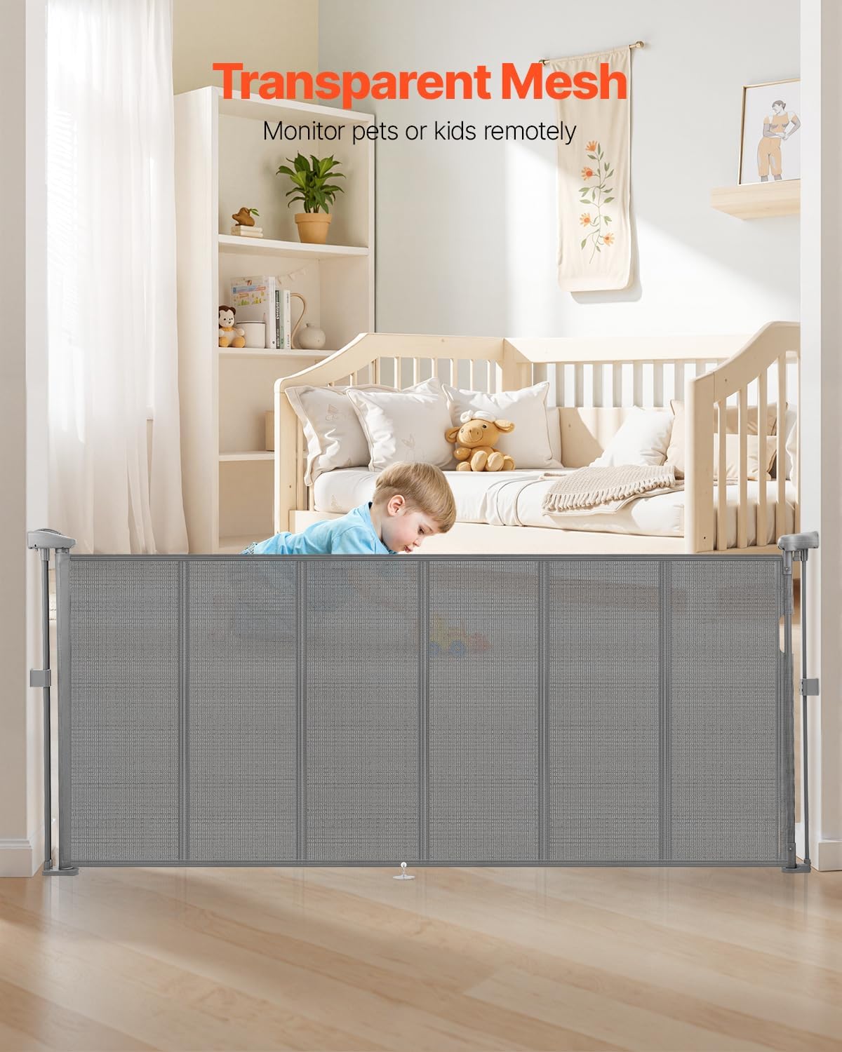 VEVOR Retractable Baby Gate, 34 inch Tall, Extends up to 110 inch Wide, Retractable Gate for Kids or Pets, Mesh Material, Easy to Install for Indoor Stairs, Doorways, Hallways, Playrooms, Gray