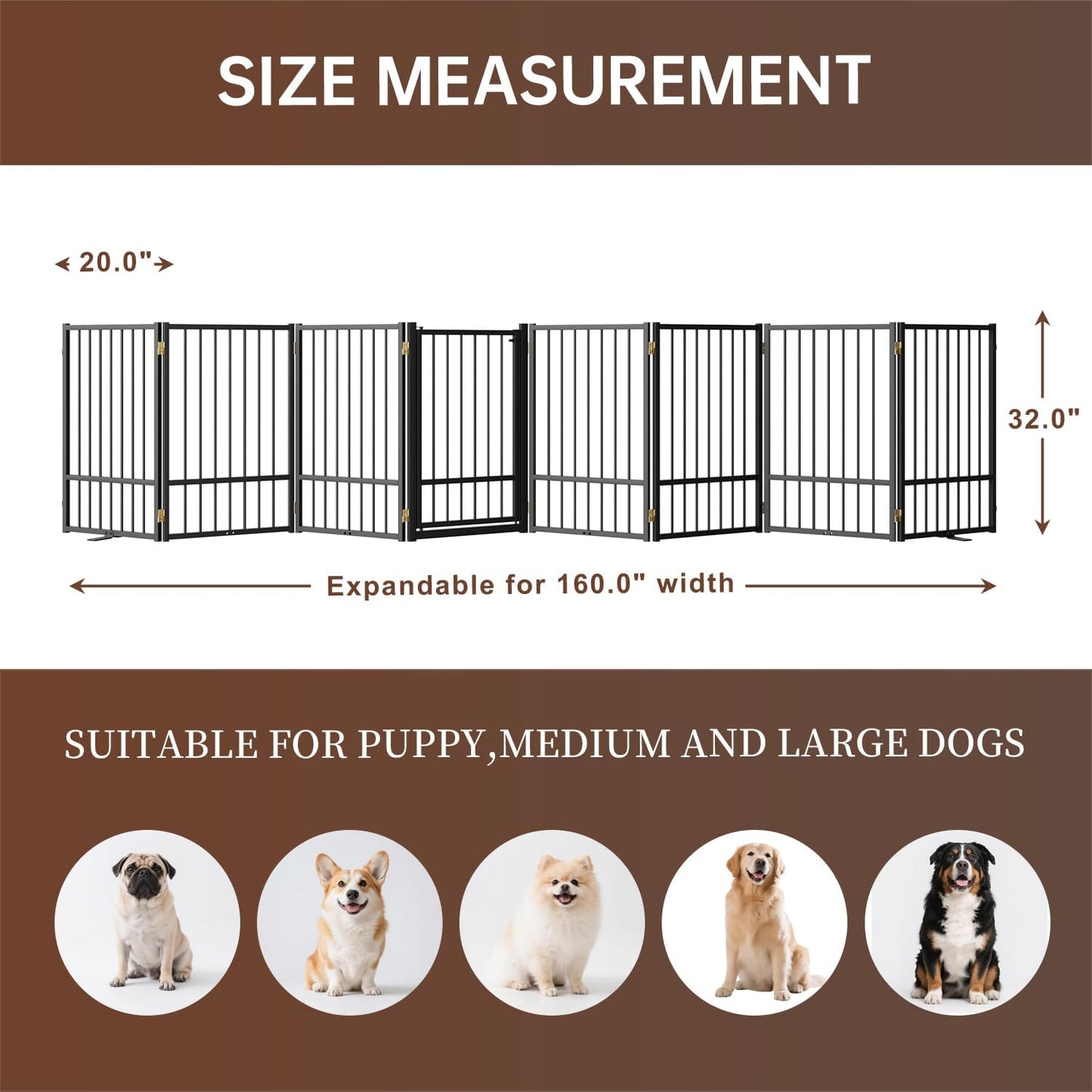 4 Panels Full Metal Freestanding Dog Gates with Door, 80” W x 32” H Folding Pet Gate Fence with Support Feet for Indoor,Stairs, Hallways and Doorways(Black)