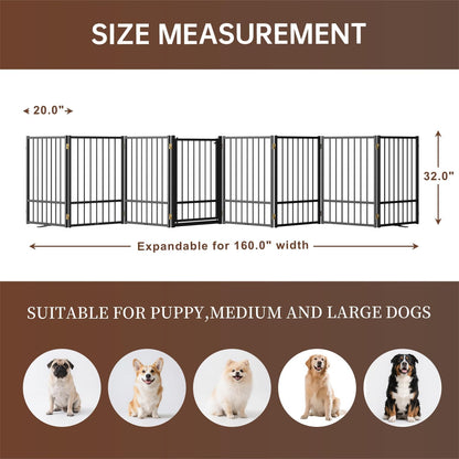 4 Panels Full Metal Freestanding Dog Gates with Door, 80” W x 32” H Folding Pet Gate Fence with Support Feet for Indoor,Stairs, Hallways and Doorways(Black)