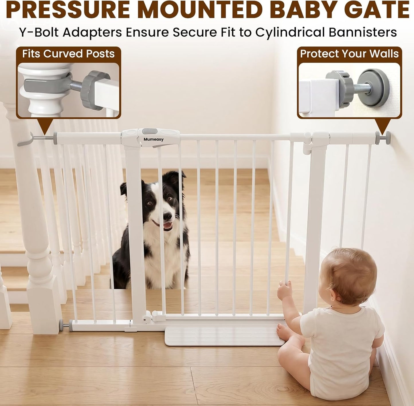 Mumeasy 29.7-46" Baby Gate for Stairs, Pressure Mounted Dog Gate for Doorways, Auto Close Walk Through Pet Gate Indoor, Extra Wide Metal Child Safety Gate, Mom's Choice Awards Winner, Black