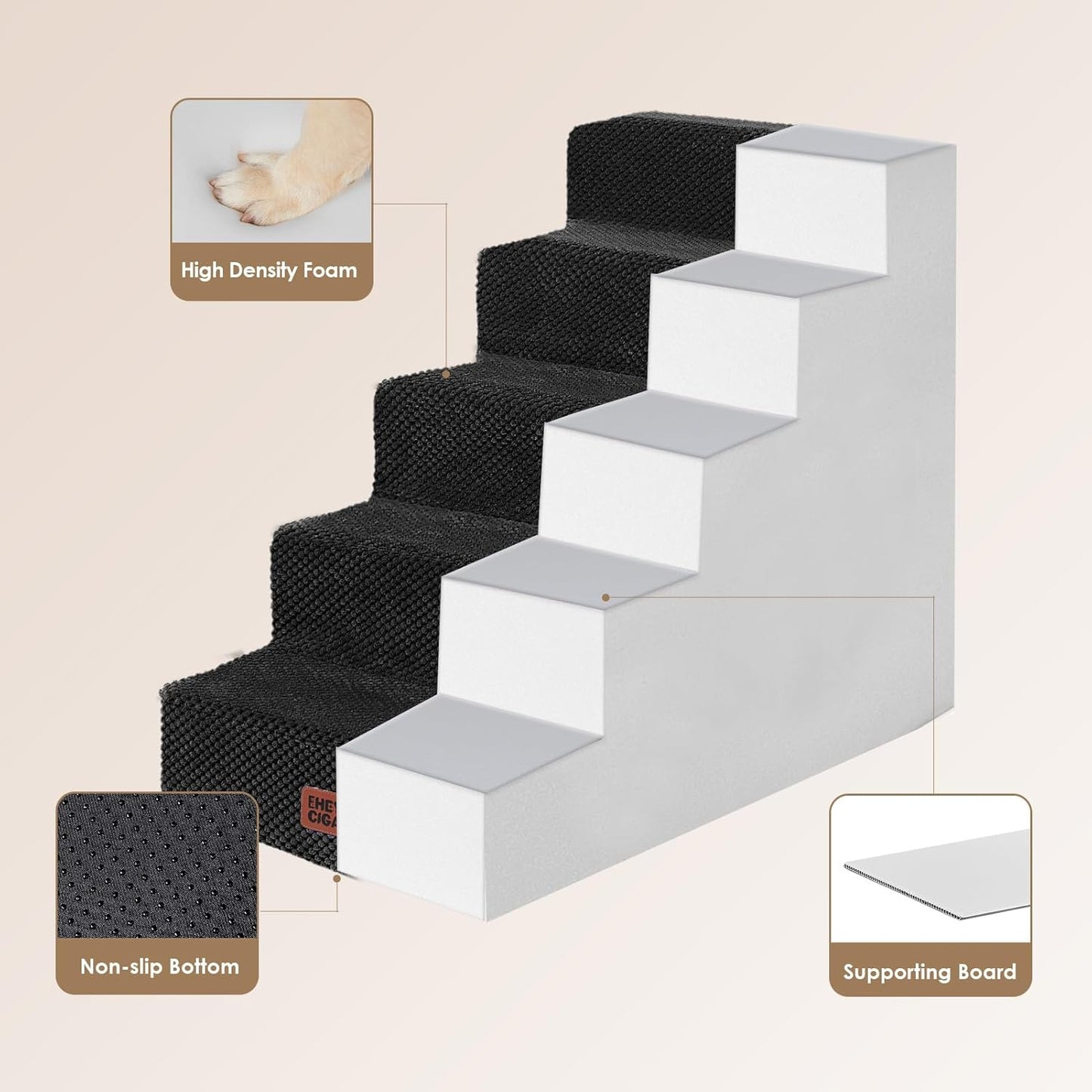 EHEYCIGA Dog Stairs for High Bed 22.5" H, 5-Step Dog Steps for Bed, Pet Steps for Small Dogs and Cats, Non-Slip Balanced Pet Ramp Indoor, Grey