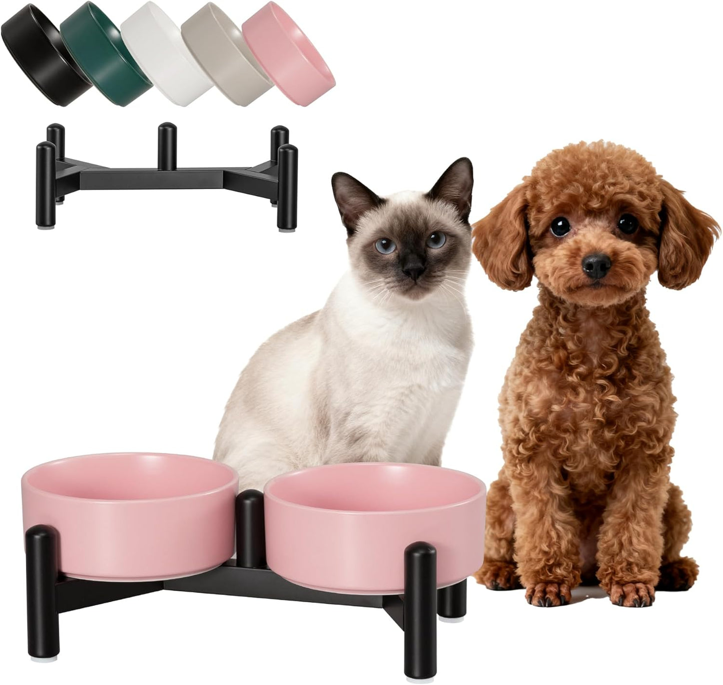 Raised Ceramic Dog Bowl Set - Elevated Double Dishes with Stainless Steel Stand - Food and Water Bowls for Small to Medium Dogs - Each Holds 3.5 Cups (29.57 fl oz) - White