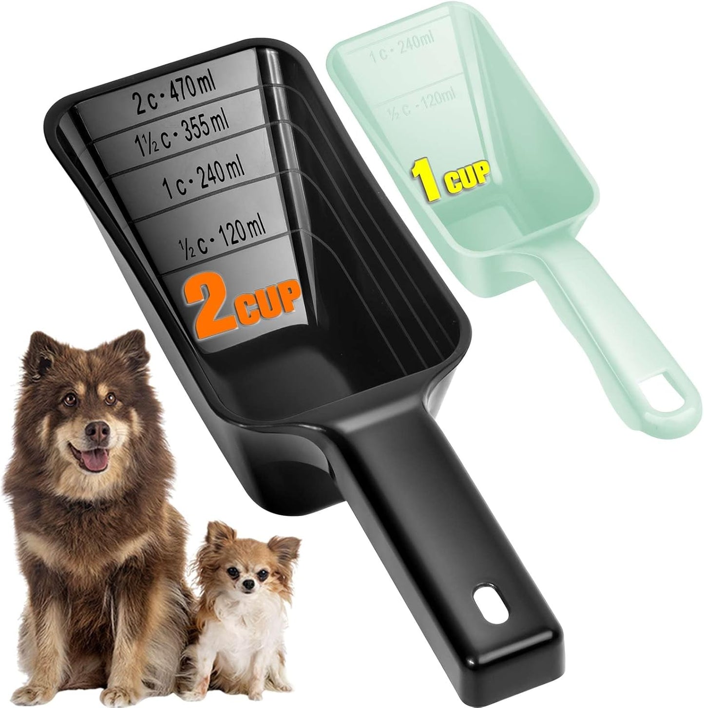 2-Pack Dog Food Scoop Set,1 Cup and 2 Cup Plastic Pet Food Measuring Scoops with Clear Measurement Lines,Multi-Purpose Pet Food Scooper for Dogs, Cats (Green and Black)