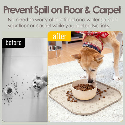 Pet Feeding Mat, Waterproof Anti-Slip Placemats for Dog Cat Bowl Silicone Pet Food Mat, Raised Edge Prevent Spills on Floor & Carpet, Dishwasher Safe (Beige, 11" x 11")