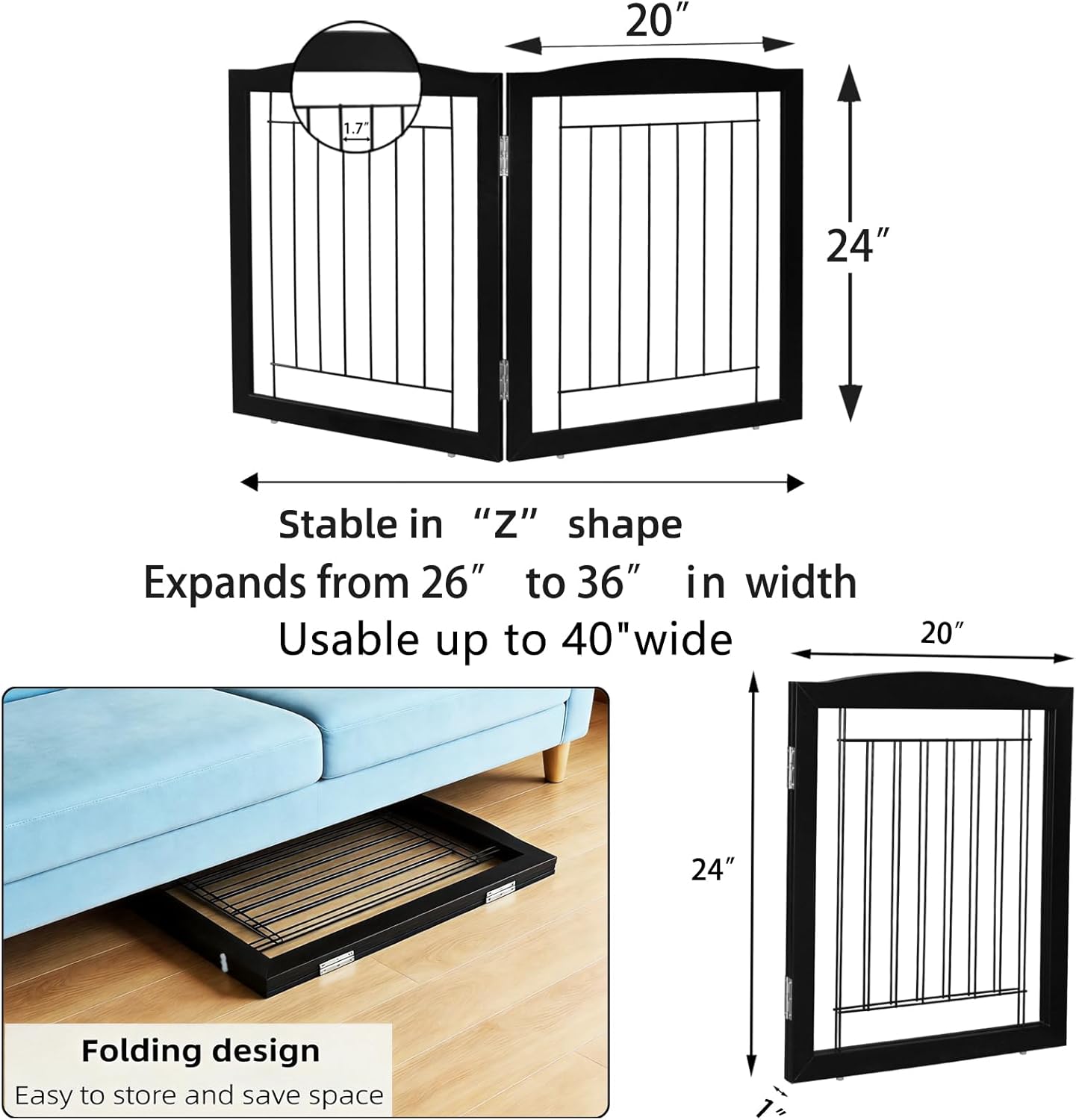 ZJSF Freestanding Foldable Dog Gate for House Extra Wide Wooden White Indoor Puppy Gate Stairs Doorways Pet Gate Tall Dog Fence 3 Panels Fence
