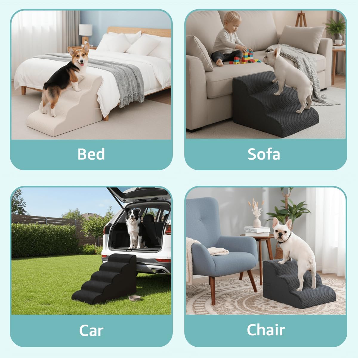 Oiilores Dog Stairs for Small Dogs 15" H, 3-Step Dog Steps Ramp for Couch Sofa and Chair with Anti-Slip Washable Cover and Durable High Density Foam, Pet Stairs for Cats, Grey