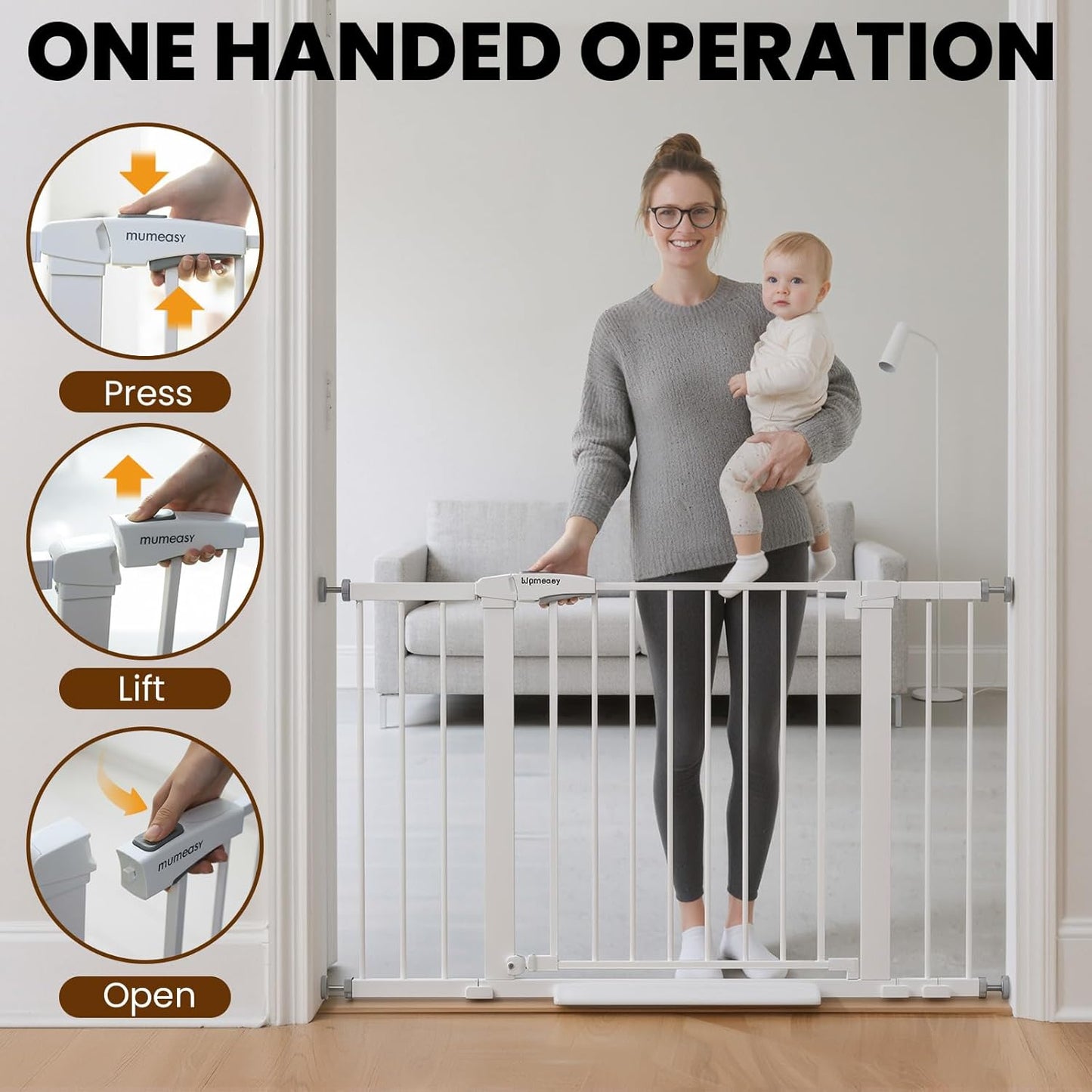 Mumeasy 29.7-46" Baby Gate for Stairs, Pressure Mounted Dog Gate for Doorways, Auto Close Walk Through Pet Gate Indoor, Extra Wide Metal Child Safety Gate, Mom's Choice Awards Winner, Black