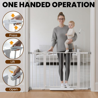 Mumeasy 29.7-46" Baby Gate for Stairs, Pressure Mounted Dog Gate for Doorways, Auto Close Walk Through Pet Gate Indoor, Extra Wide Metal Child Safety Gate, Mom's Choice Awards Winner, Black