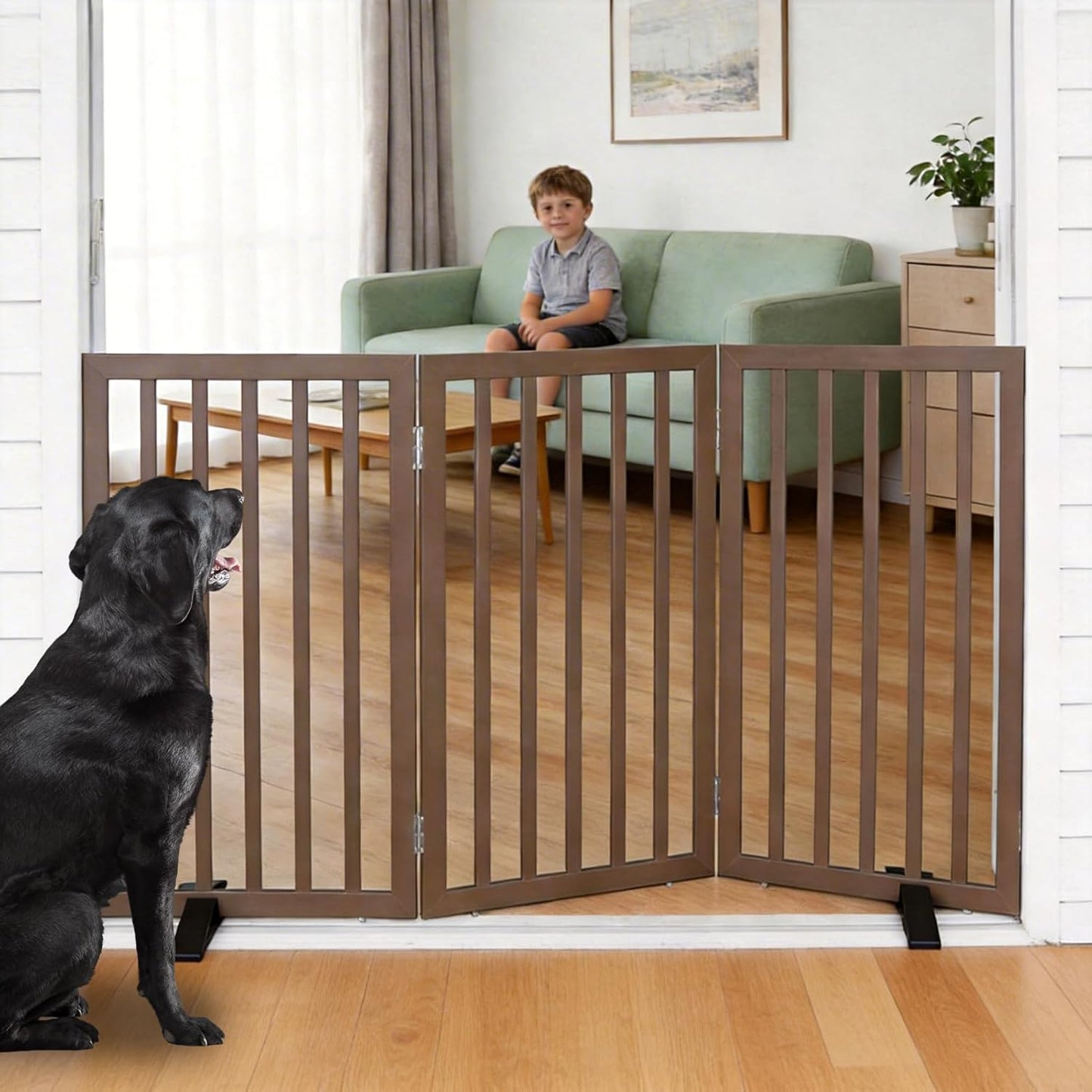 ZJSF Freestanding Indoor Dog Gate for House Foldable Wood Puppy Gate for Doorways Pet Gate for Stairs Extra Wide Pet Fence, Brown, 24" Height 3 Panels