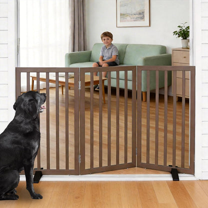 ZJSF Freestanding Indoor Dog Gate for House Foldable Wood Puppy Gate for Doorways Pet Gate for Stairs Extra Wide Pet Fence, Brown, 24" Height 3 Panels