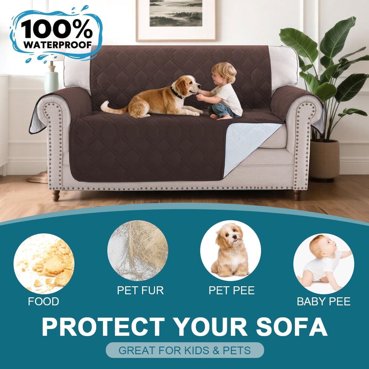 Turquoize 100% Waterproof Sofa Covers Couch Cover Sofa Cover for Dogs Couch Protector Triple Non-Slip Sofa Slipcover for 3 Cushion Couch Furniture Protector for Pets, Kids,Dog (Sofa 70", Ivory)