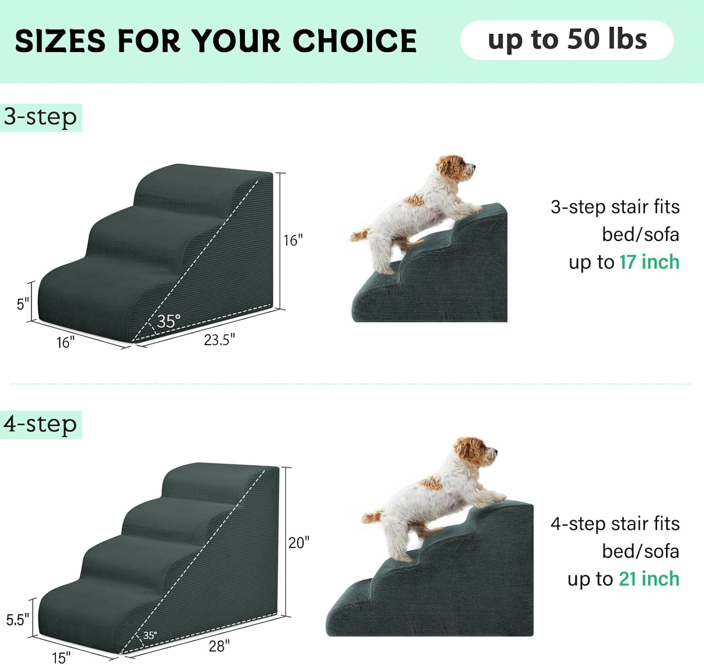 Mesa Lemon Dog Stairs & Steps for High Beds, 3 Steps High Density Foam Waterproof Dog Ramp for Small Dogs and Cats, Pet Stairs with Removable Washable Cover for Bed, Couch, Sofa and Car (H:16")