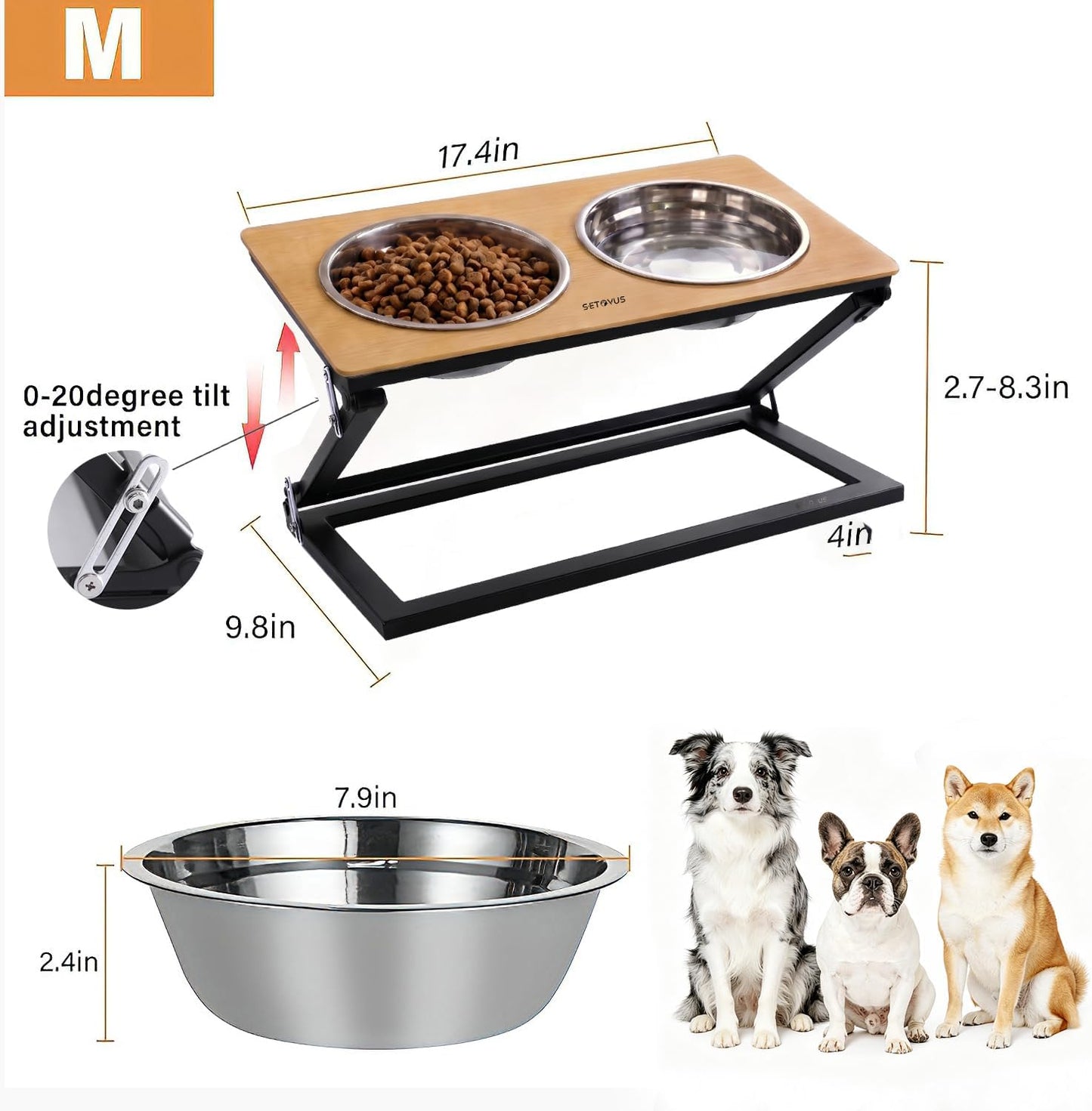Elevated Dog Bowls, Adjustable Raised Dog Bowl Stand with 2 Stainless Steel Food Bowls 20°Tilted Water Bowls for Medium Small Sized Dogs (Black, Medium)