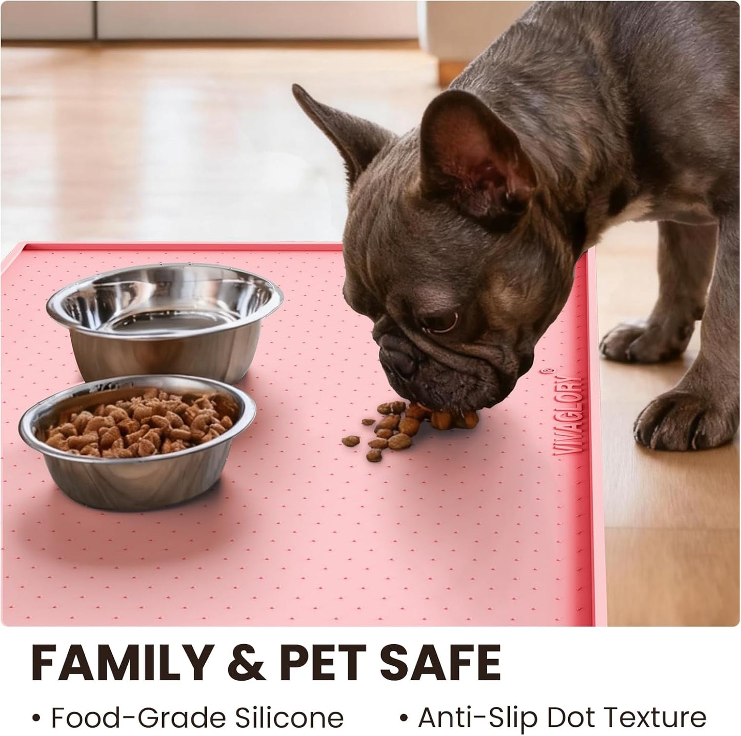 VIVAGLORY Dog Bowl Mat Grippymat Pet Food Mat, Waterproof Washable Nonslip Silicone for Pet & Cat, Food and Water Placemat with Lip & Raised Edges for Indoor Floor, S, Grey