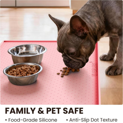 VIVAGLORY Dog Bowl Mat Grippymat Pet Food Mat, Waterproof Washable Nonslip Silicone for Pet & Cat, Food and Water Placemat with Lip & Raised Edges for Indoor Floor, S, Grey