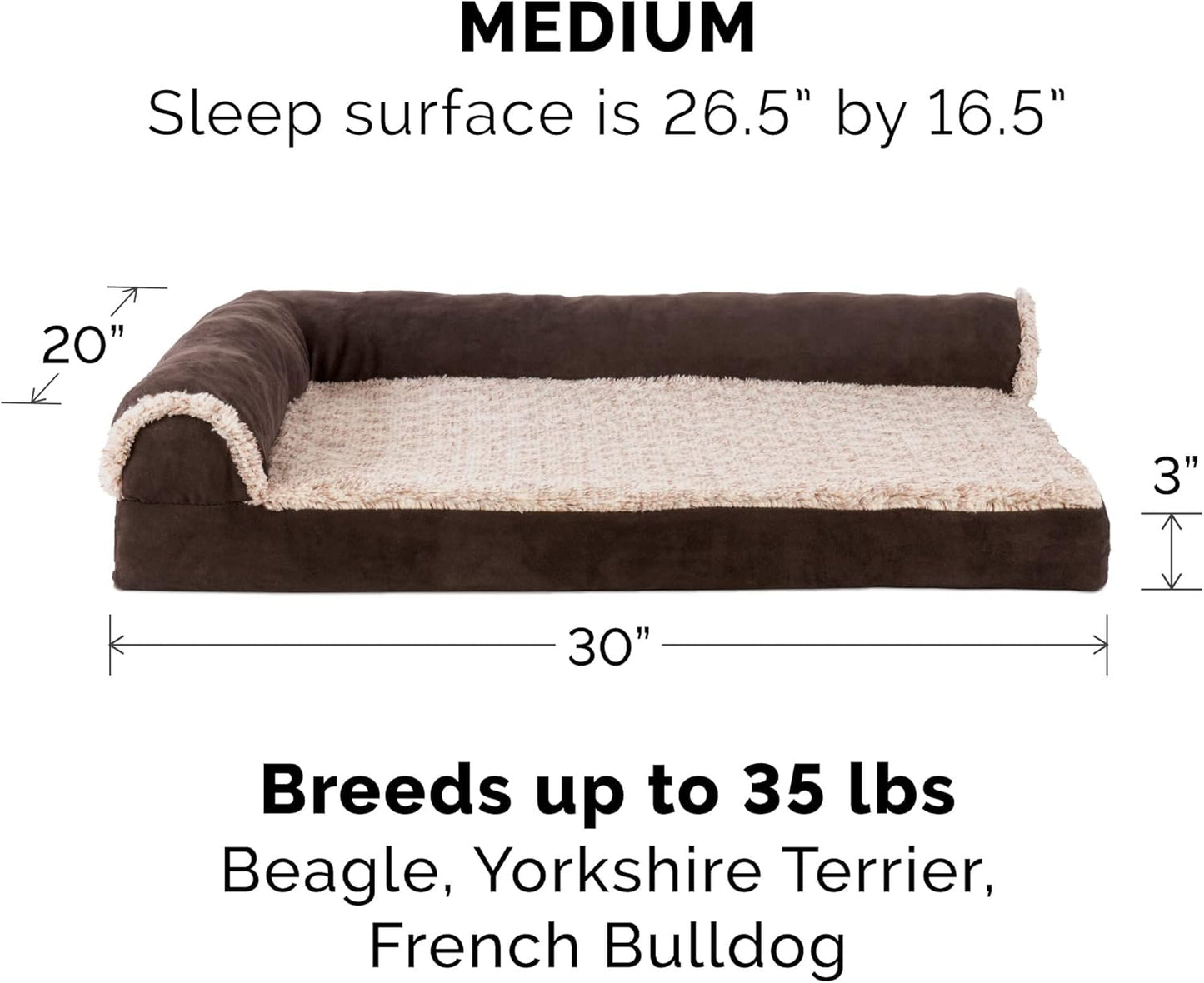 Furhaven Memory Foam Dog Bed for Large Dogs w/ Removable Bolsters & Washable Cover, For Dogs Up to 95 lbs - Two-Tone Plush Faux Fur & Suede L Shaped Chaise - Espresso, Jumbo/XL