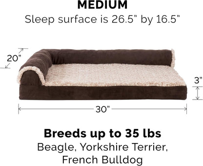 Furhaven Memory Foam Dog Bed for Large Dogs w/ Removable Bolsters & Washable Cover, For Dogs Up to 95 lbs - Two-Tone Plush Faux Fur & Suede L Shaped Chaise - Espresso, Jumbo/XL