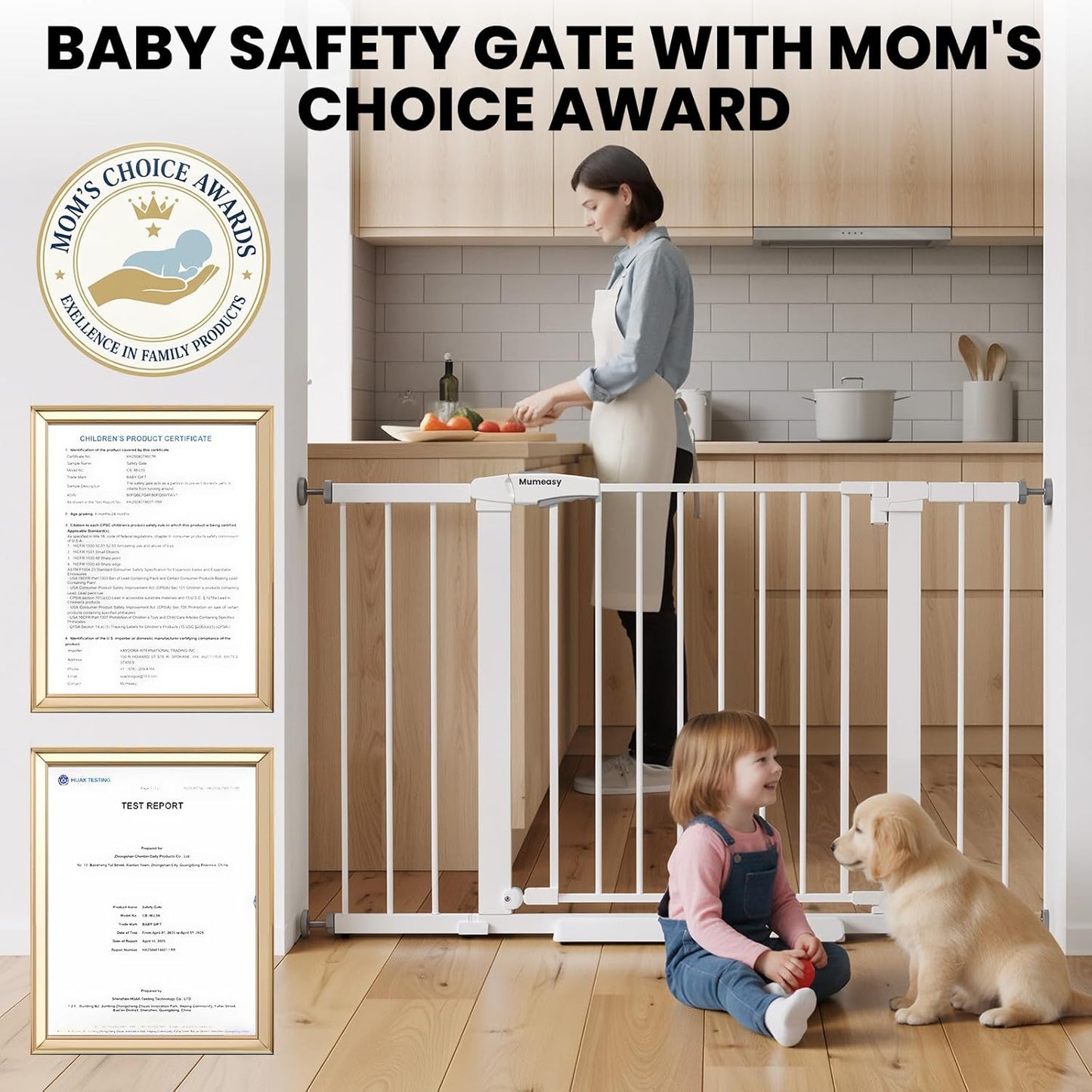 Mumeasy 29.7-46" Baby Gate for Stairs, Pressure Mounted Dog Gate for Doorways, Auto Close Walk Through Pet Gate Indoor, Extra Wide Metal Child Safety Gate, Mom's Choice Awards Winner, Black
