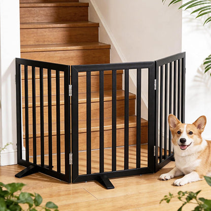 ZJSF Freestanding Indoor Dog Gate for House Foldable Wood Puppy Gate for Doorways Pet Gate for Stairs Extra Wide Pet Fence, Brown, 24" Height 3 Panels