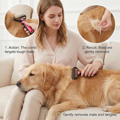 Pet Pro Grooming Tool, 2-in-1 Deshedding Dog Brush with 9/17 Teeth Undercoat Rake for Dogs & Cats, Dual-Sided Stainless Steel Pet Comb for Long Hair & Thick Coats, Non-Slip Ergonomic Handle (Pink-L)