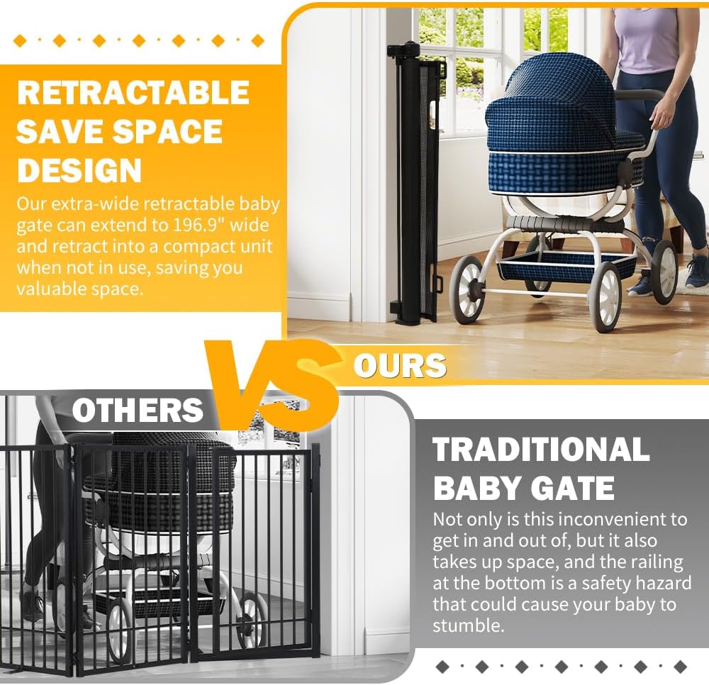 47” Extra Tall Retractable Baby Gate, Reinforced Mesh Dog Gate Extends to 71" Wide, Baby Gate for Stairs, Doorways, Hallways, Indoor and Outdoor, Black