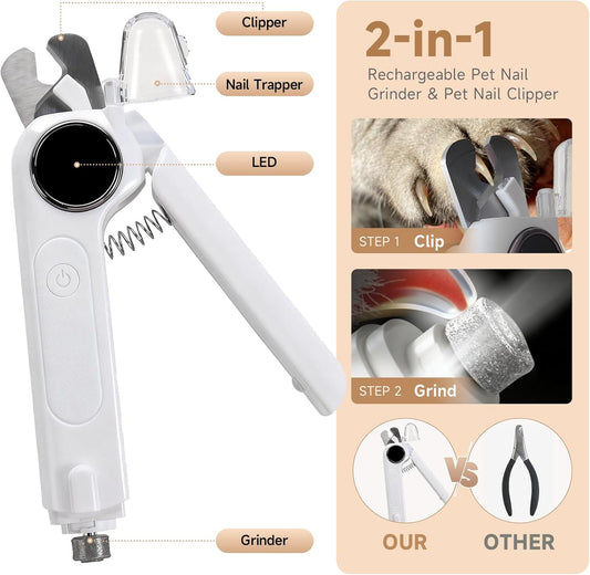 2-in-1 Dog Cat Nail Grinder & Clipper with LED Light, Pet Nail Clippers for Large Medium Puppy Dogs Ultra Quiet, Dog Cat Nail Trimmers with Splash Guard, Electric Dog Cat Claw Care File (White)