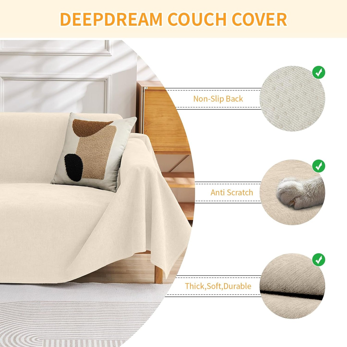 Deep Dream Cat-Scratch Resistant Couch Cover, Waterproof Sofa Cover for 3 Cushion Couch Washable, Pet Friendly Couch Protectors Anti Slip Thickened Love Seat Slipcovers for Pets, 71" x 118", Dark Grey