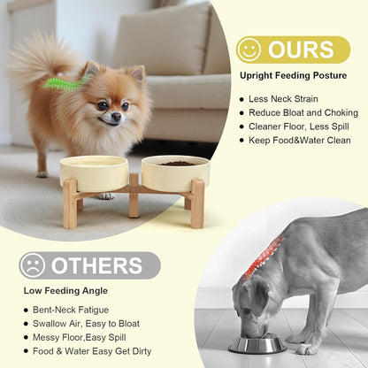 SPUNKYJUNKY Elevated Dog Bowls Ceramic, 6.1'' Dogs and Cat Food Water Bowls Raised with Non-Slip Bamboo Stand for Medium Sized Breed Microwave Dishwasher Safe - 28.7 OZ,Beige