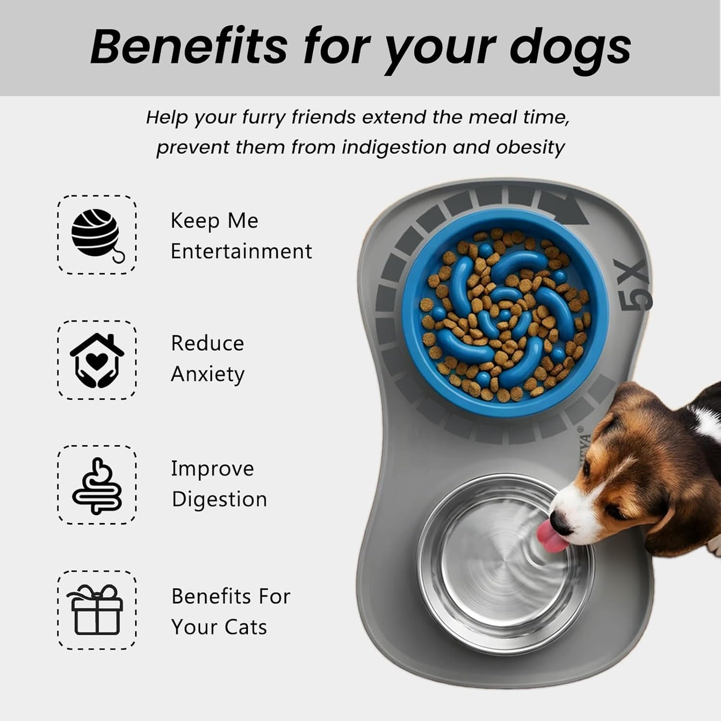 YINEYA 3 in 1 Slow Feeder Dog Bowls & Stainless Steel Food and Water Bowl with Non-Spill Dog Bowl Mat, Anti-Choking Puppy Bowls, Floor Safe & Easy Clean for Large Medium Small Dogs Cats