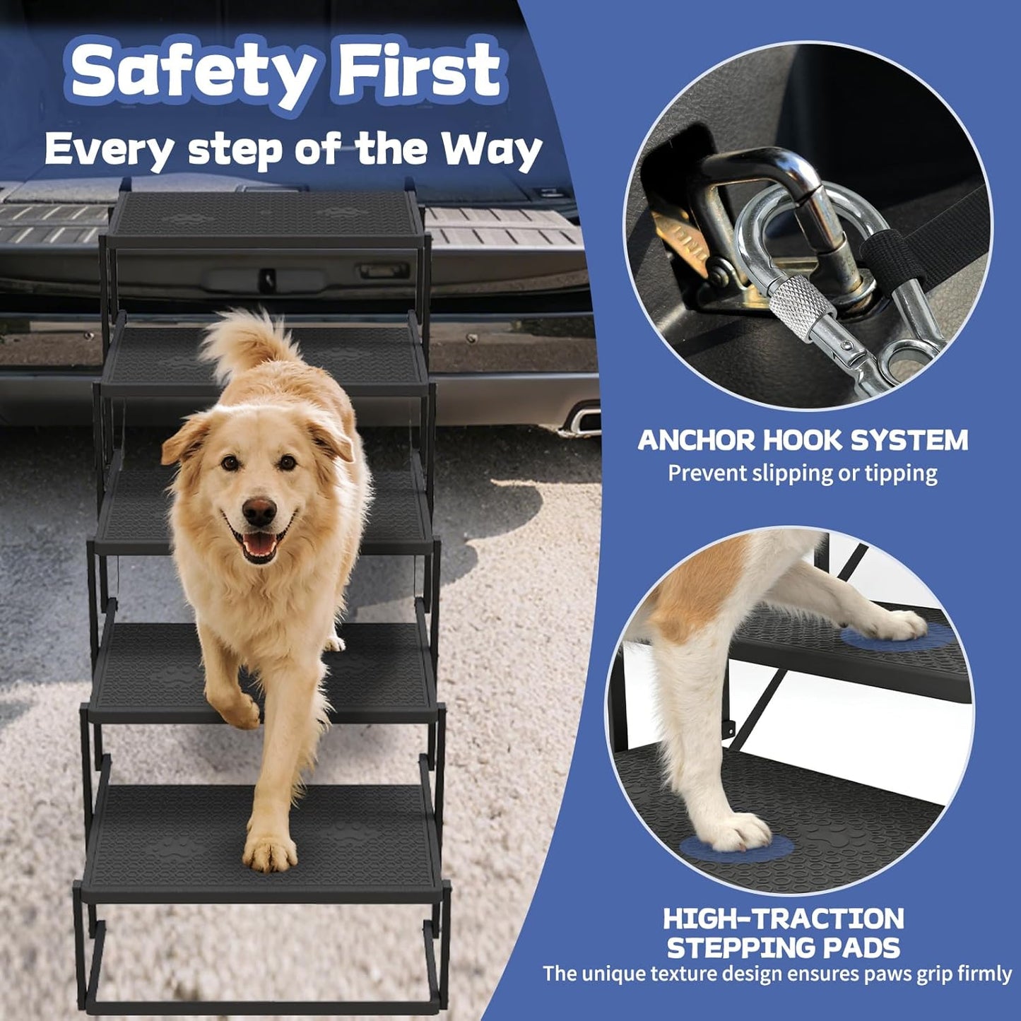 Dog Steps for Car, Truck, SUV, Dog Stairs for Car with Upgraded Non-Slip Surface, Foldable Dog Ramp for Car, Pet Stairs for Large Dogs, 4 Steps