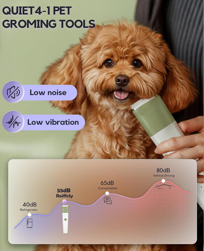 Dog Clippers Grooming Kit, 4 in 1 Quiet Cordless Dog Paw Trimmer & Nail Grinder, Small Cat Clippers Electric Rechargeable Low Noise Pet Shaver for Trimming Hair on Paw Eye Ear Face Rump (Pink)