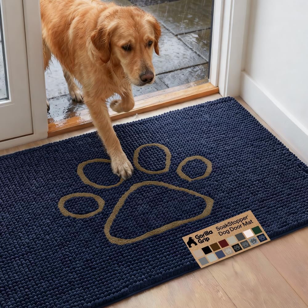 GORILLA GRIP SoakSTOPPER Dog Door Mat, 30x20 Machine Washable Rug Absorbent Doormat Captures Moisture Mud Dirt, Quick Dry Soft Chenille Entryway Rugs Indoor Entrance Mats for Dog Paws, Paw Grey