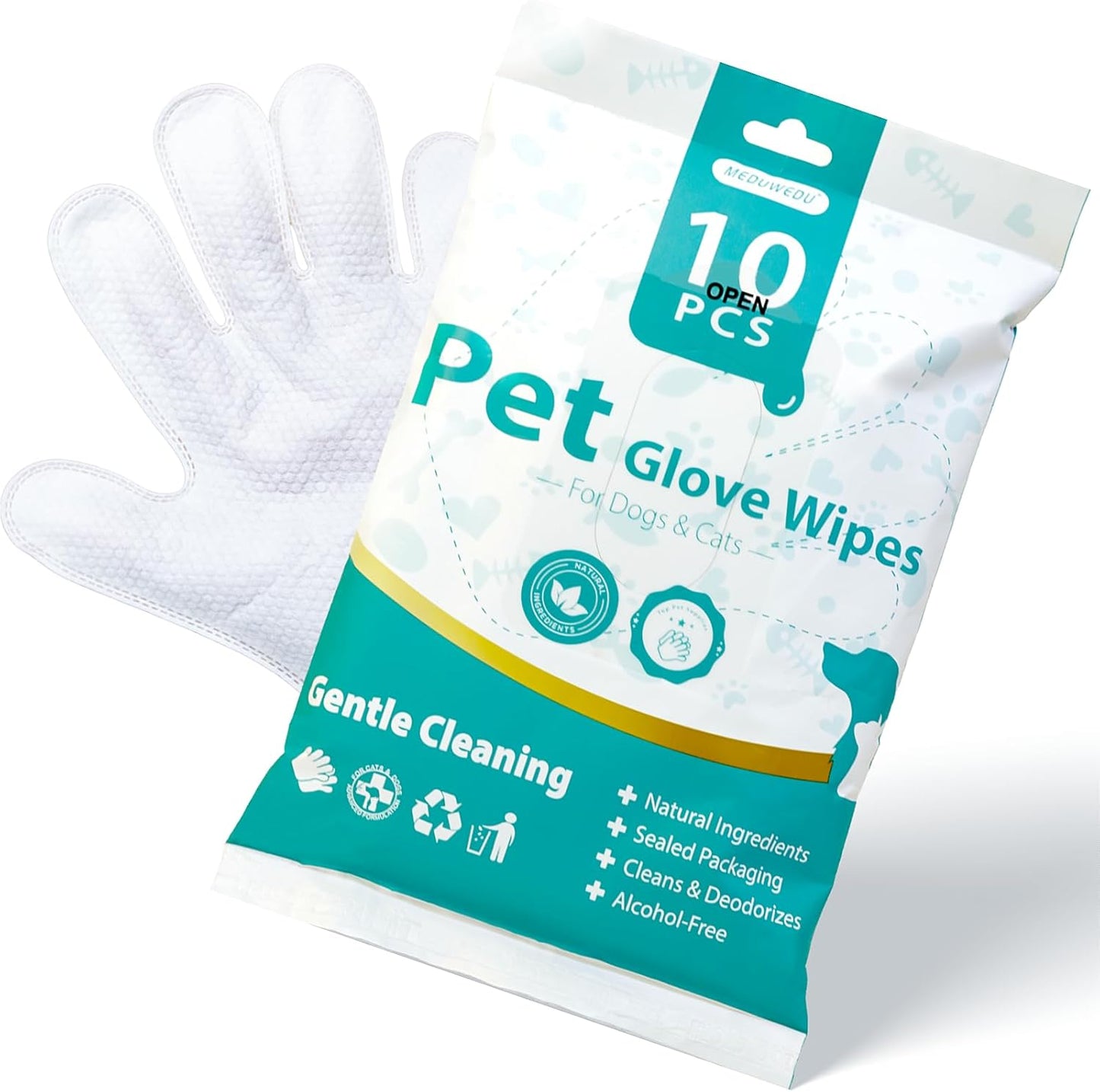 MEDUWEDU [10 Count] No-Rinse Pet Glove Wipes – 5-Finger Design, Coconut Oil & Aloe, Hypoallergenic Grooming Mitts for Dogs & Cats