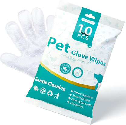 MEDUWEDU [10 Count] No-Rinse Pet Glove Wipes – 5-Finger Design, Coconut Oil & Aloe, Hypoallergenic Grooming Mitts for Dogs & Cats