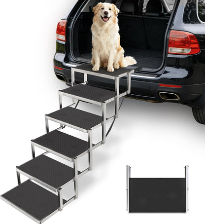 Dog Steps for Car & SUV – 5-Step Foldable Pet Stairs for Large Dogs, Non-Slip Heavy-Duty Plastic Dog Stairs, Lightweight & Portable Vehicle Access, Great Alternative to Dog Ramp for Truck