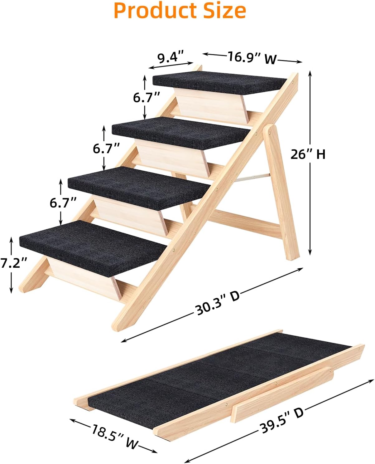 Dog Stairs/Ramp for Bed, Wooden 2-in-1 Foldable Pet Stairs & Ramp, Portable Dog Ladder Up to 180 Pound for Elderly/Short-Legged Dogs, 4 Steps for Beds, Couch, Cars