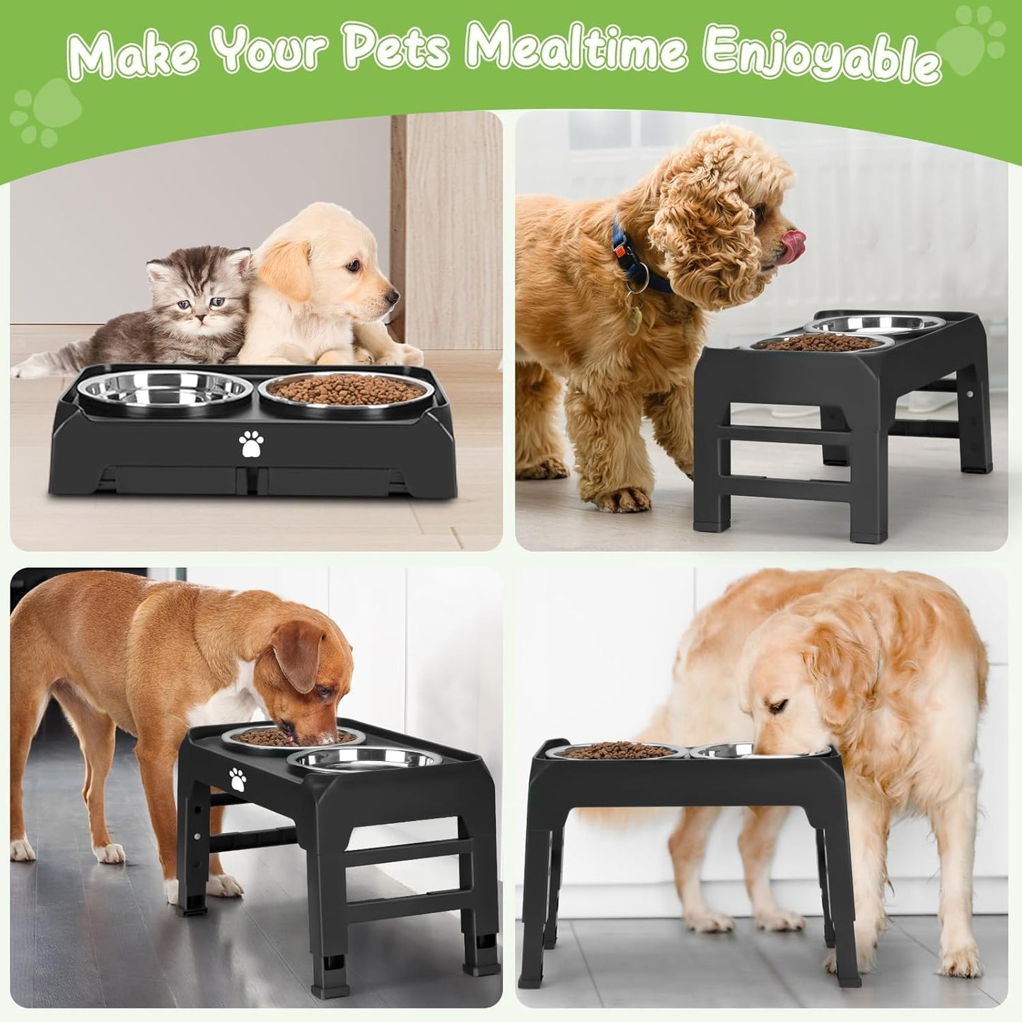 Elevated Raised Dog Bowl Stand with 2 Stainless Steel Bowls, Adjustable Height for Medium Large Dogs, 12.36" - 3.7" Foldable Feeder, Grey