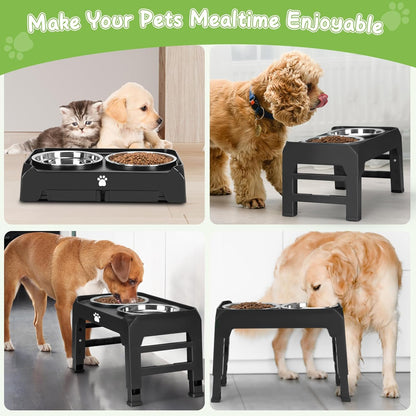 Elevated Raised Dog Bowl Stand with 2 Stainless Steel Bowls, Adjustable Height for Medium Large Dogs, 12.36" - 3.7" Foldable Feeder, Grey