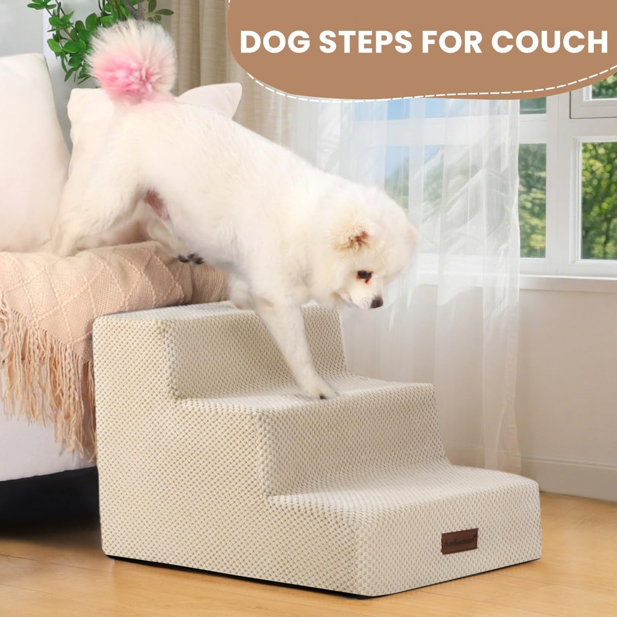 Aodisman Dog Stairs for Small Dogs, 3-Step Non-Slip Pet Stairs for Couch Sofa and Chair, Dog Bed Stairs for Puppy, Older Cat,Grey,13.6" H